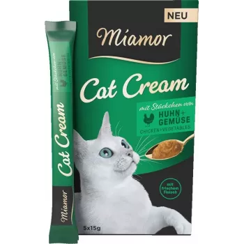 Drėgnas kačių skanėstas Miamor Cat Cream su vištiena ir daržovėmis, pastos paketėliai 5×15 g, be glitimo, be cukraus