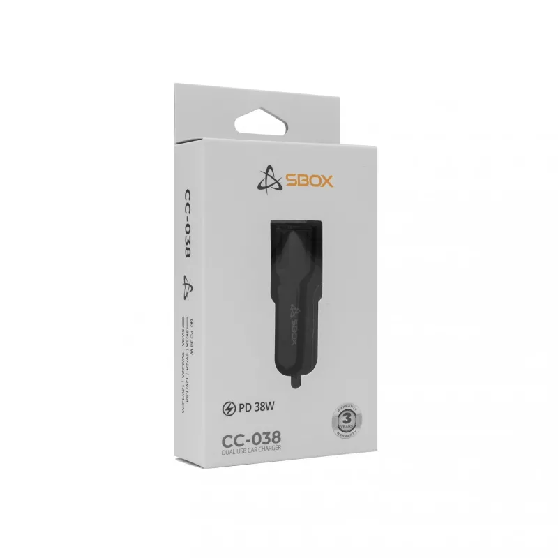 Automobilinis įkroviklis SBOX CC-038 38W juodas — dviejų prievadų USB maitinimo adapteris