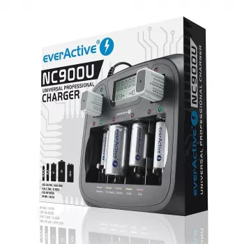 Baterijų įkroviklis everActive NC-900U Universal DC — įkrauna AA, AAA, C, D, 9V, iki 6 elementų, juodas