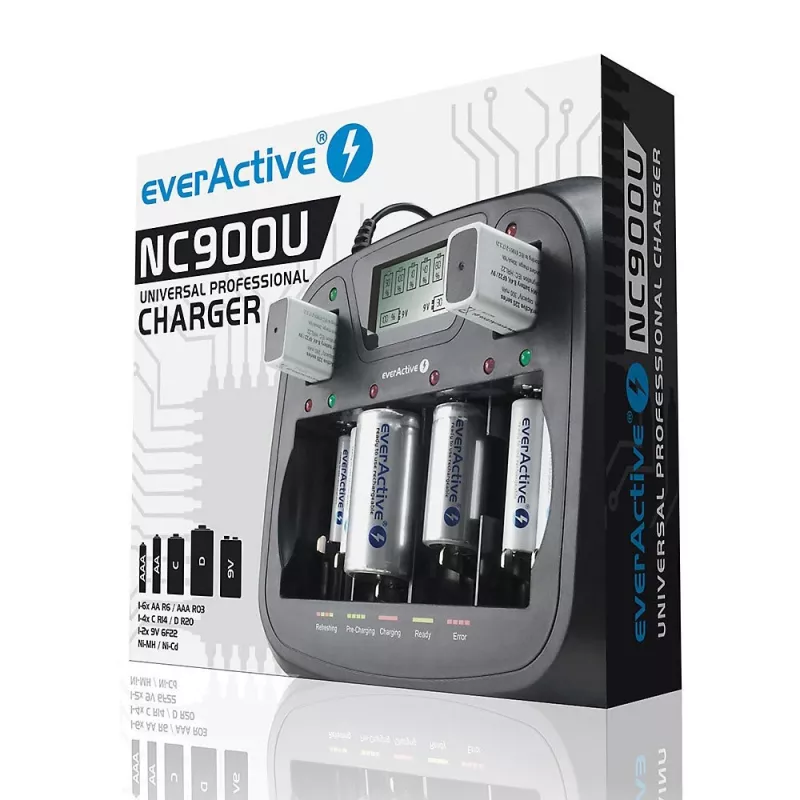 Baterijų įkroviklis everActive NC-900U Universal DC — įkrauna AA, AAA, C, D, 9V, iki 6 elementų, juodas