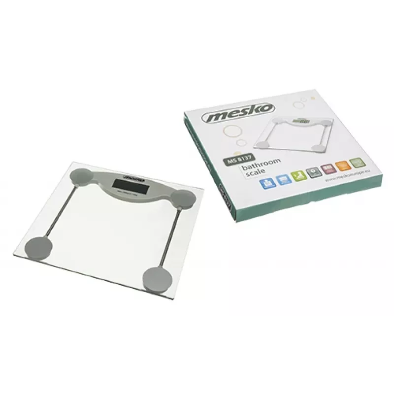 Elektroninės asmeninės svarstyklės Mesko MS 8137 — talpa 150 kg, tikslumas 100 g, baltos/skaidrios