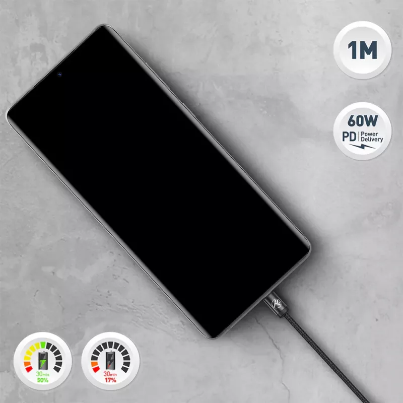 USB-C kabelis Tellur TLL155791, 1 m, 3A, juodas