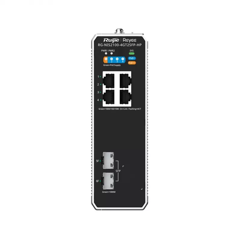 Valdomas L2 tinklo komutatorius RUIJIE RG-NIS2100-4GT2SFP-HP — 4× Gigabit RJ45, 2× SFP, PoE++ (180 W), montuojamas stelaže, ant sienos arba DIN bėgelio