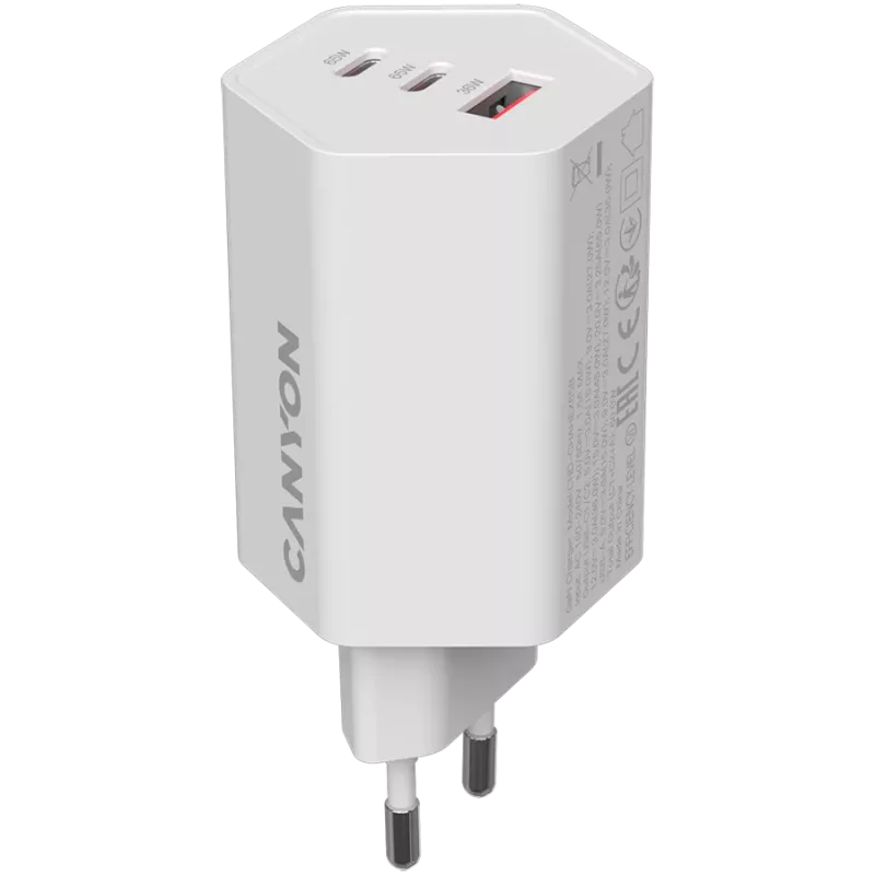 CANYON įkroviklis HEXAGON 65 GaN 65W 2xPD 1xQC EU baltas CND-CHAHEX65W