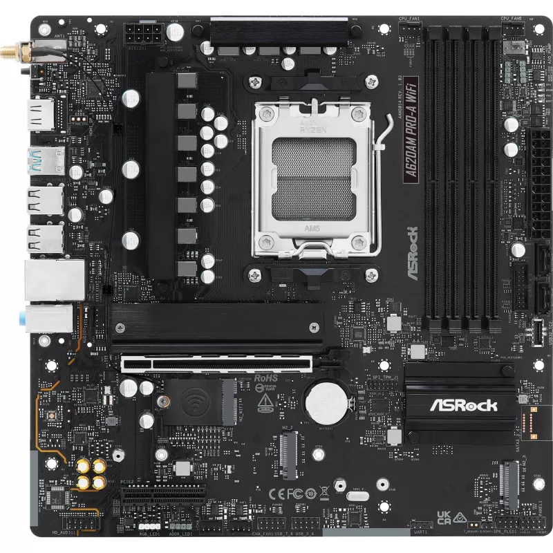 Pagrindinė plokštė ASRock A620AM Pro-A WiFi AM5 mATX — AMD A620, Socket AM5, DDR5 iki 256 GB, Wi‑Fi 6E, 2.5Gb LAN, HDMI 2.1