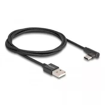 USB 2.0 laidas, USB-A kištukas > USB-C kištukas (juodas, 1 metras, apsiaustas, 90° kampinis)