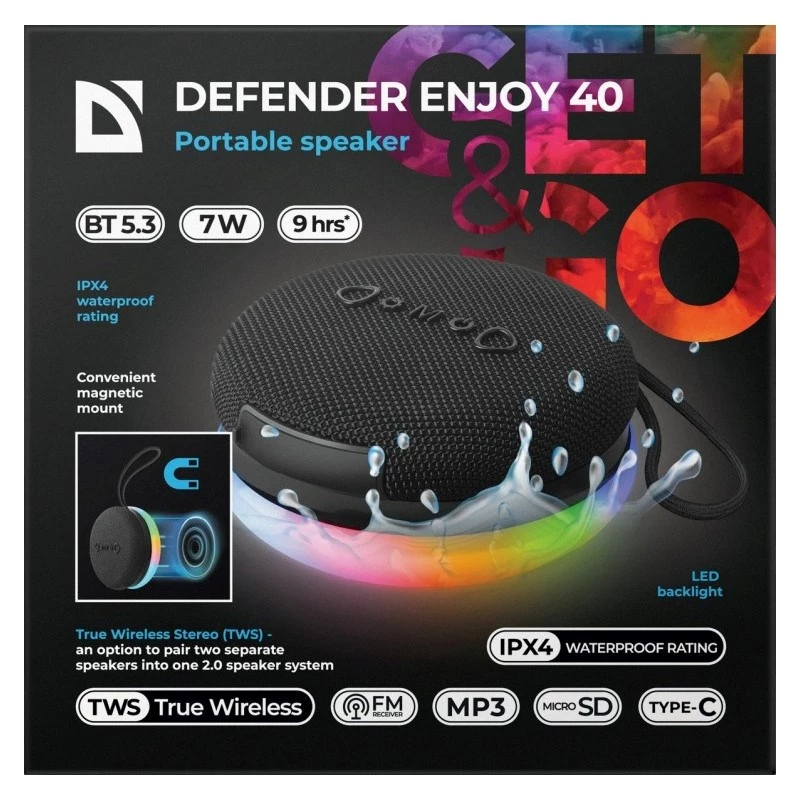 Nešiojama „Bluetooth“ kolonėlė DEFENDER ENJOY 40 — 7 W RMS, „Bluetooth 5.3“, LED apšvietimas, LiPo baterija, 9 val., juoda