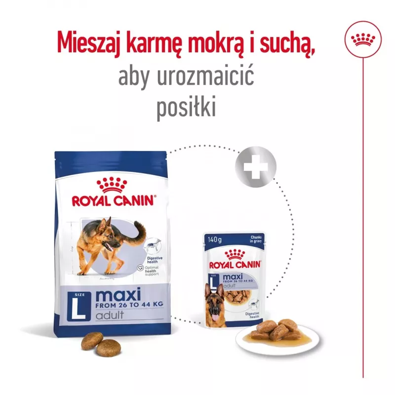 Sausas šunų maistas Royal Canin Maxi Adult 15 kg — Vištiena, 26% baltymų, 17% riebalų, virškinimo palaikymas