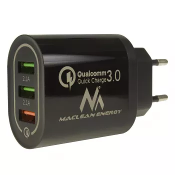 USB sieninis įkroviklis MACLEAN MCE479B — 3 USB prievadai, 18 W bendra galia, kompaktiškas