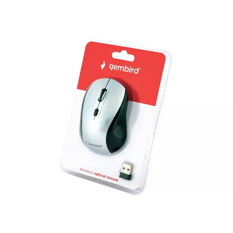 Belaidė optinė pelė Gembird MUSW-4B-02-BS, RF, abiem rankom tinkama, 1600 DPI, 4 mygtukai, sidabrinė/juoda