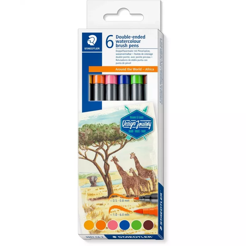 Flomasterių rinkinys Staedtler 3001 C6-3 — 6 spalvos, smulkus antgalis, kulkos ir teptuko antgaliai