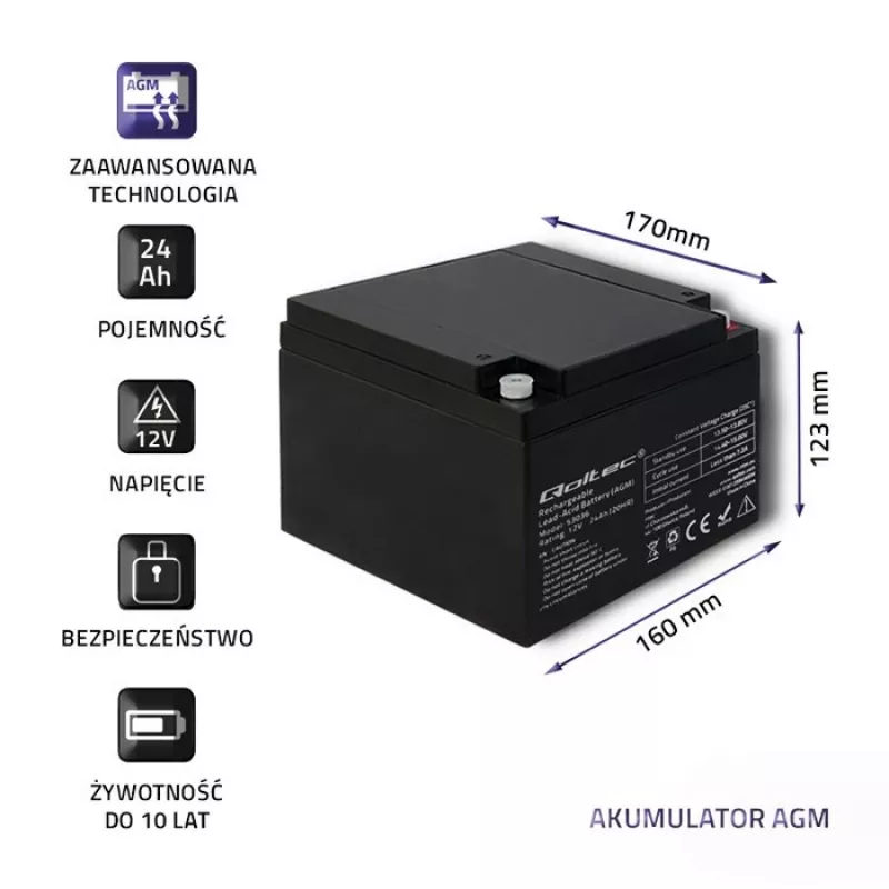 Qoltec 53036 AGM baterija | 12V | 24Ah | maks. 360A