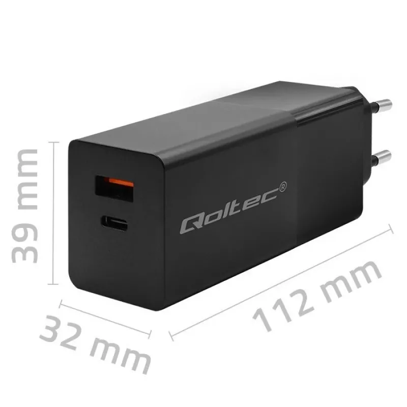 Qoltec 52382 GaN POWER PRO charger | 1xUSB type C | 1xUSB A | 100W | 5-20V | 1.5-5A | PD | Juoda