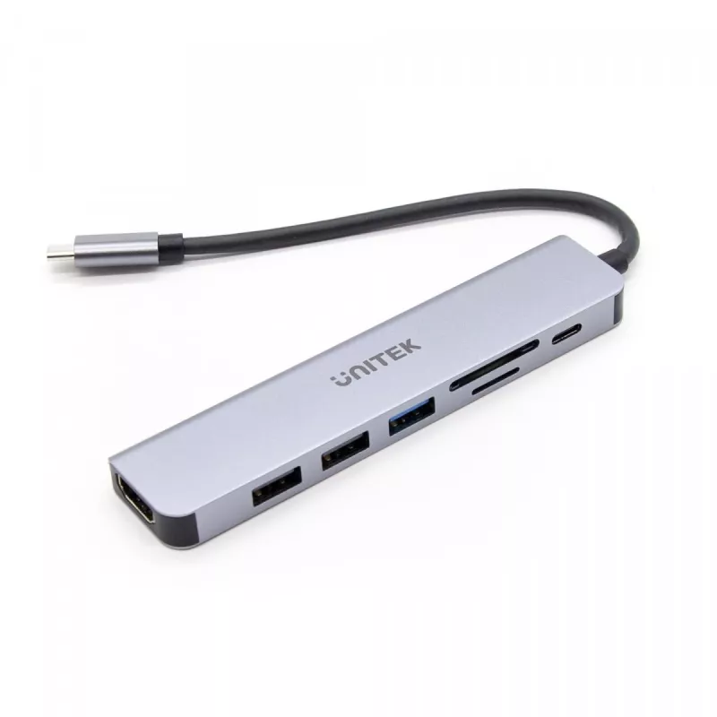 USB-C šakotuvas Unitek 7in1 aliuminis PD 100W 5 Gbps — daugiafunkcis adapteris su Power Delivery