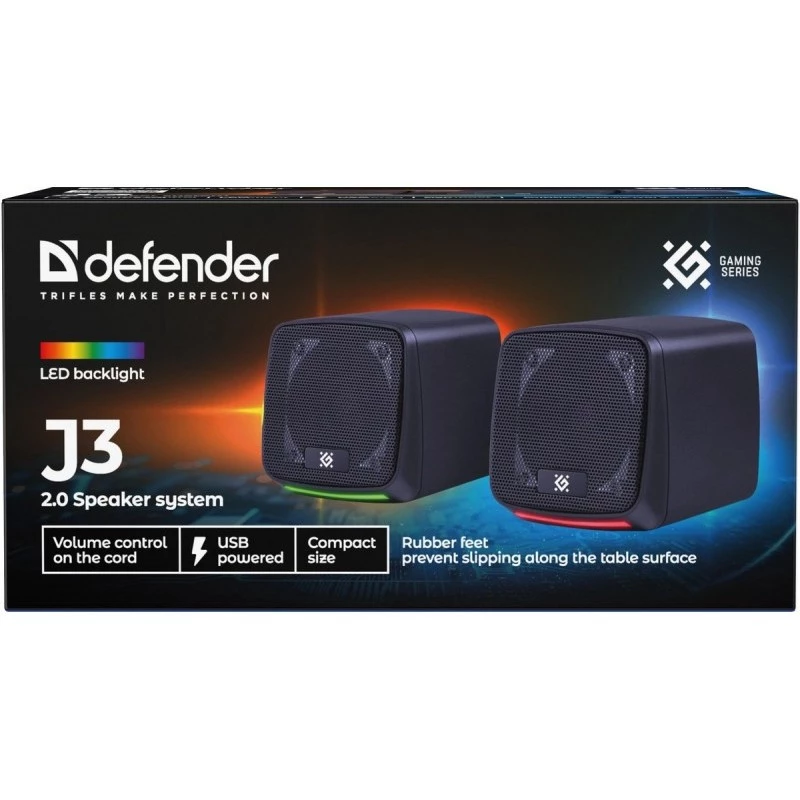Kompiuterinės kolonėlės DEFENDER J3 2.0 6W LED USB, 2×3W RMS, 90–20000 Hz, 3,5 mm, juodos