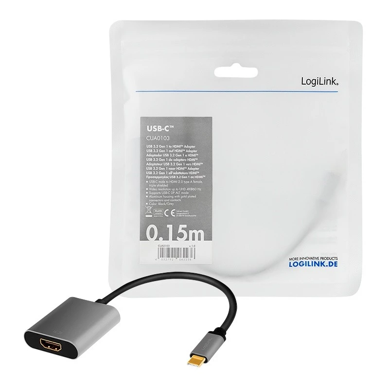 LogiLink CUA0103 USB 3.2 Gen1 Type-C į HDMI-A kabelis 0,15 m juodas pilkas