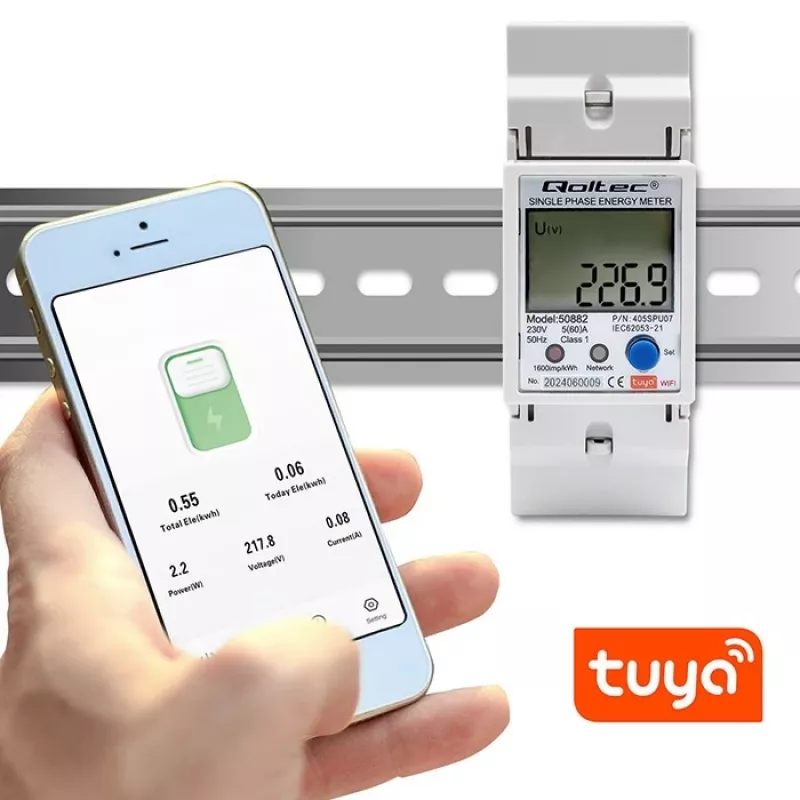 Qoltec 50882 Vienfazis elektroninis energijos suvartojimo skaitiklis ant DIN bėgelio | Wi-Fi | TUYA | 230V | LCD