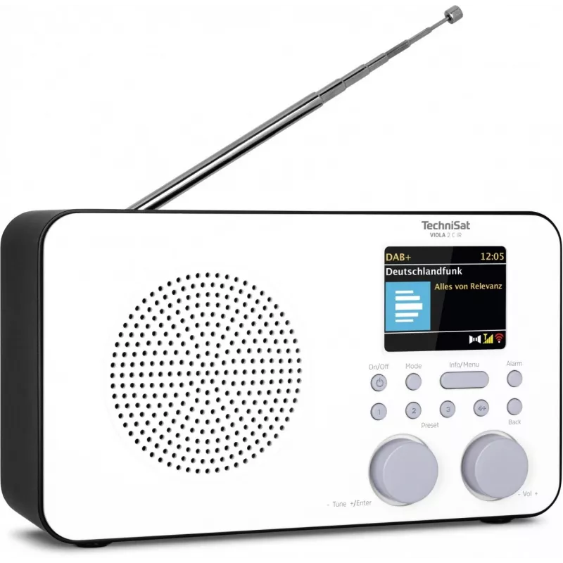 Internetinis radijas TECHNISAT VIOLA 2 C IR — Analoginis ir skaitmeninis imtuvas, DAB+/FM, Wi‑Fi, 3 W, 2,4 colio TFT, 3,5 mm, juoda/baltas