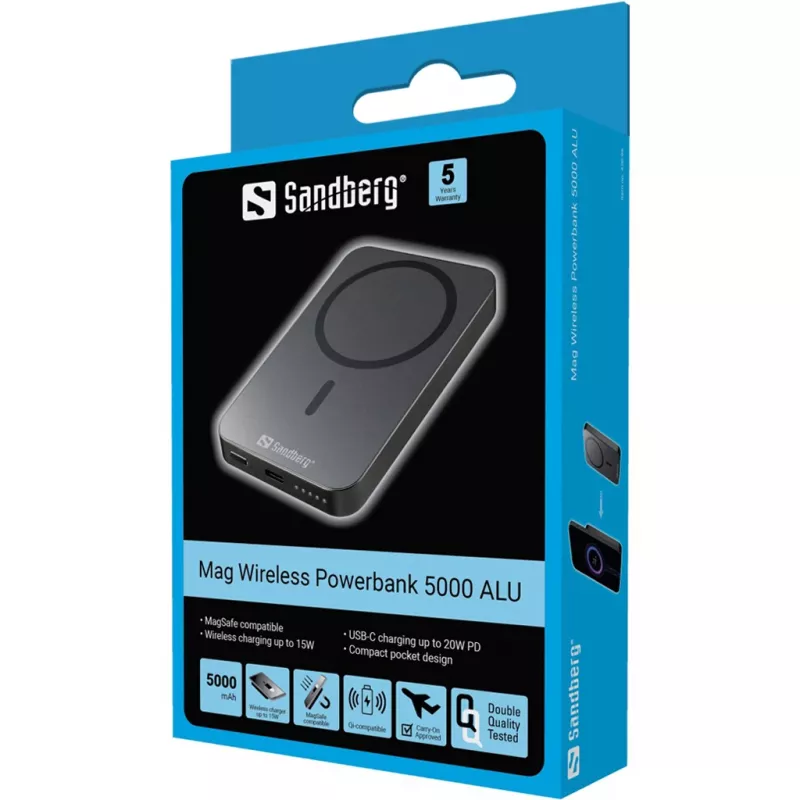 Nešiojama išorinė baterija Sandberg Mag Wireless Powerbank 5000 ALU, 5000 mAh