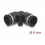 Pneumatinė jungtis DELOCK 8 mm 90° kampuota su tvirtinimo anga, juoda, metalas/plastikas, vidinis sriegis, 30 mm