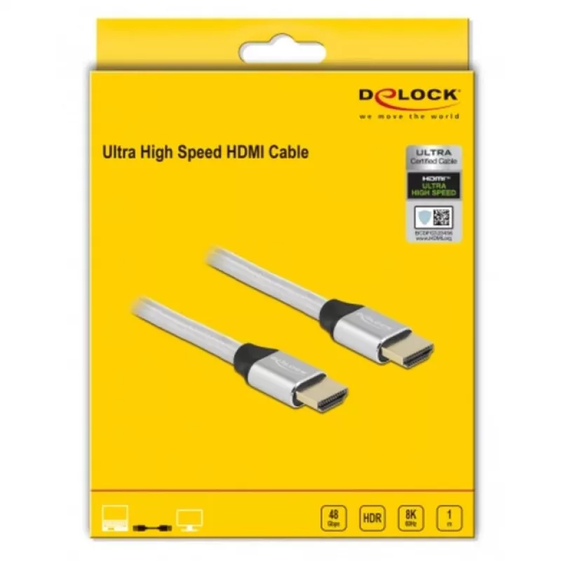 HDMI kabelis DeLOCK Ultra High Speed 48 Gbps 8K 60 Hz sidabrinis 1 m