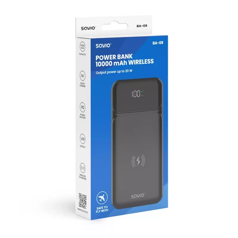 Savio BA-09 belaidis išorinis akumuliatorius, 10000 mAh, juodas