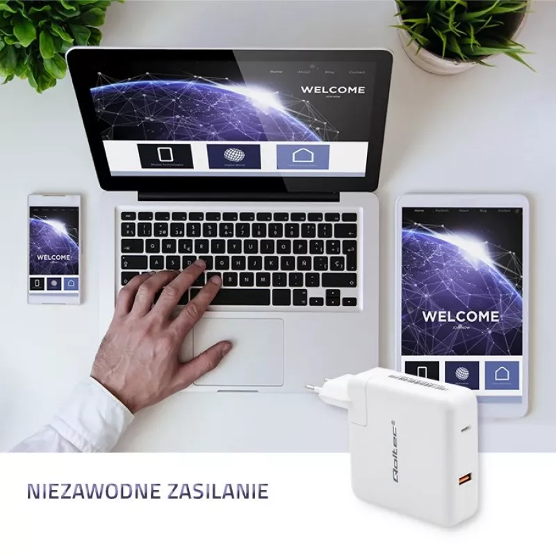 Qoltec GaN Charger FAST 108W | 5-20V | 3-4.7A | USB C | Balta