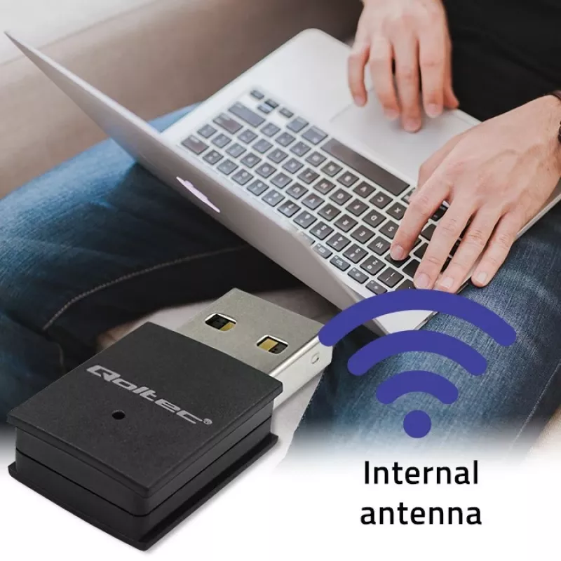 Belaidis mini USB Wi‑Fi adapteris QOLTEC 57007 — Vienos juostos 2,4 GHz, iki 150 Mbps, vidinė antena