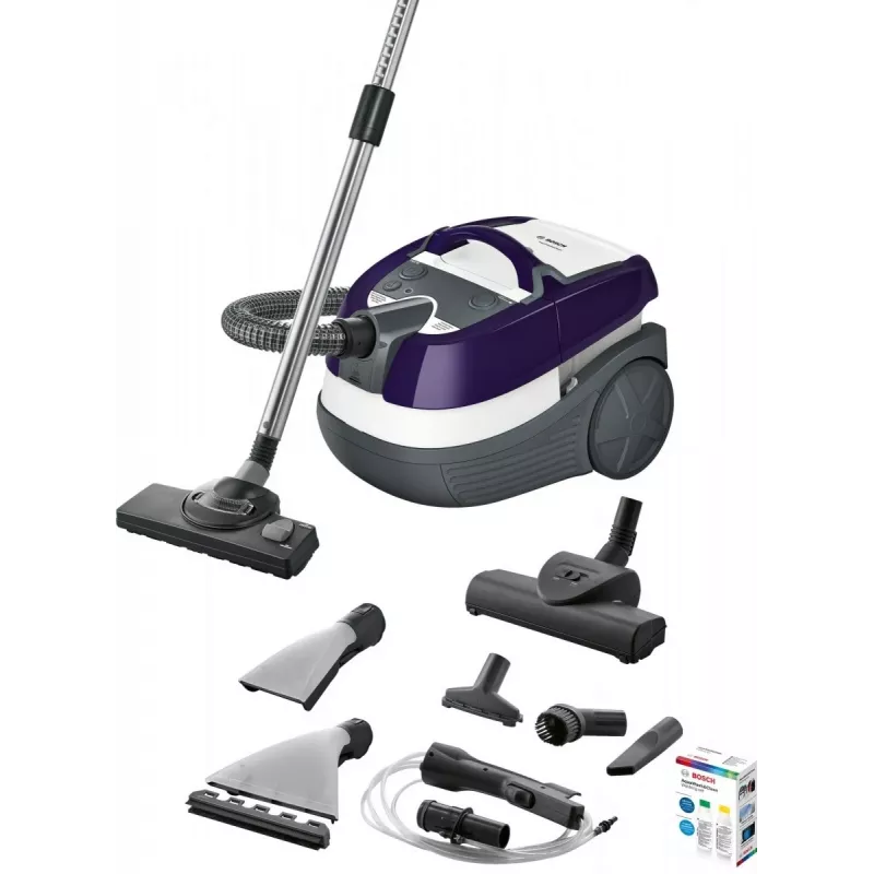 Drėgnas ir sausas dulkių siurblys Bosch BWD 41740 AquaWash&Clean — 1700 W, 5 L bakas, EPA filtras, teleskopinis vamzdis, 9 m spindulys, violetinė