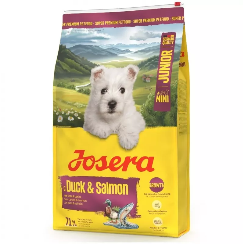 Sausas šunų maistas JOSERA Mini Junior Duck & Salmon 900 g — mažų veislių šuniukams, baltymai 29%, riebalai 18%