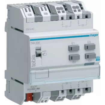 Skaitmeninis/analoginis įvesties/išvesties modulis Hager TXA304 — Skaitmeninė įvestis, 4 kanalai, 21–32 V DC, iki 230 V, 50–60 Hz