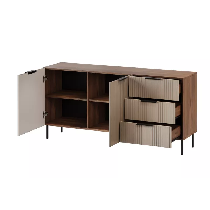 Komoda cama meble ALMERA 156×42×75 cm, riešutmedžio/kašmyro spalvos, 3 stalčiai, medžio drožlių plokštė