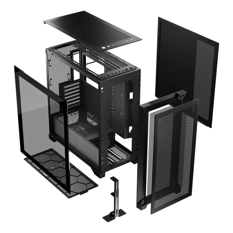 PC korpusas MODECOM VOLCANO EXPANSE S MIDI juodas — grūdintas stiklas, USB-C, palaiko micro ATX, GPU iki 430 mm