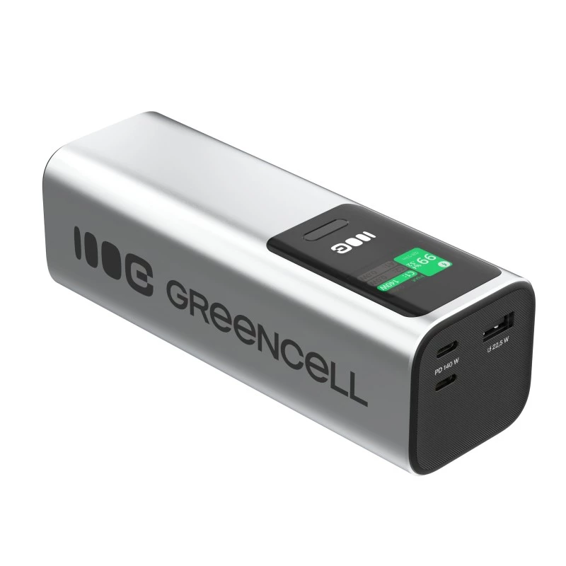 Nešiojama baterija Green Cell PBGC25UD, 25200 mAh, Li‑Ion, 140 W bendra galia, 2× USB‑C + 1× USB‑A, OLED ekranas, aliuminis korpusas