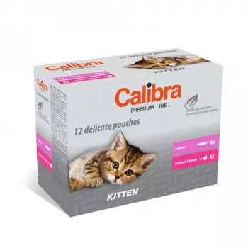 Šlapias kačių maistas Calibra Premium Kitten Pouches daugiapakas 12×100 g — junior visaverčio šlapio maisto