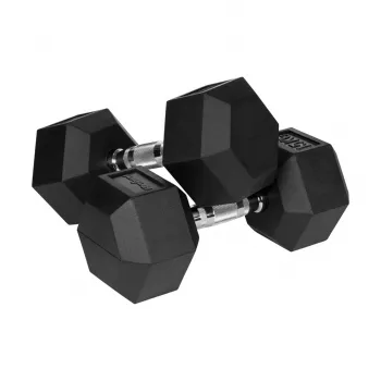 Dumbbell Rebel Active Hex gumuotas 15 kg — vienas šešiakampis svarmuo, kompaktiška rankena