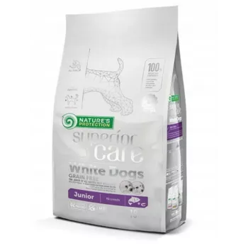 Sausas šuniukų ėdalas nature's protection Superior Care White Dogs Grain Free Junior Salmon 10 kg — sausas ėdalas, be grūdų, 26% baltymų, 15% riebalų