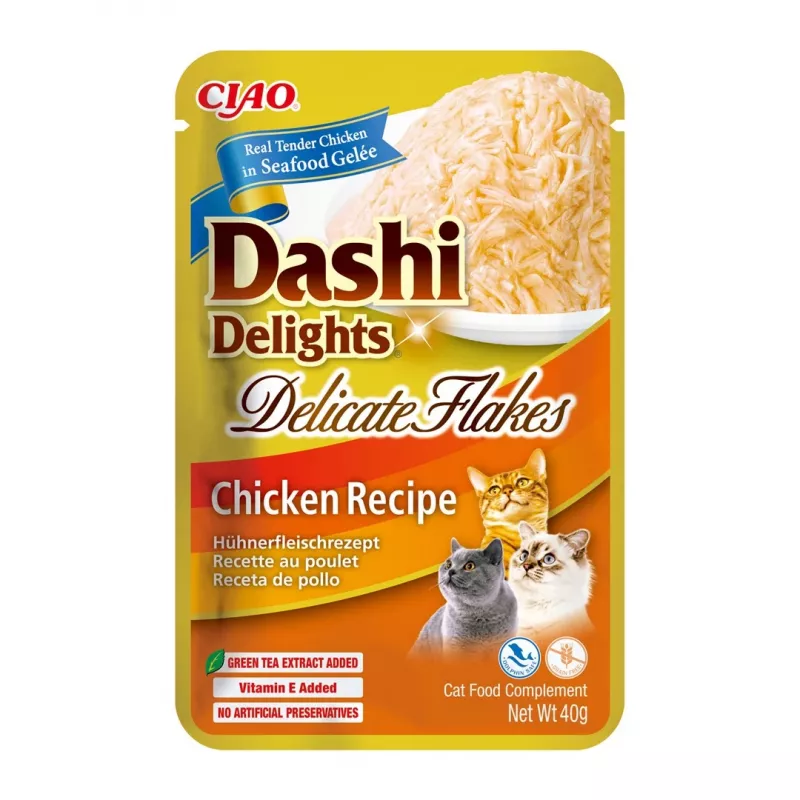Šlapias kačių skanėstas INABA Dashi Delights Delicate Flakes Chicken 40 g — dietinis, 86% drėgmės, 12% baltymų