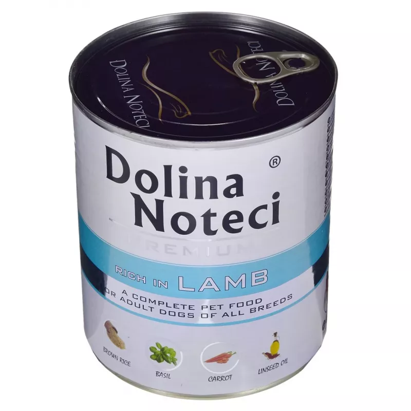 Šlapias šunų maistas Dolina Noteci Premium ėriena 800 g skardinė — be grūdų, suaugę šunys, baltymai 12%, drėgmė 77%