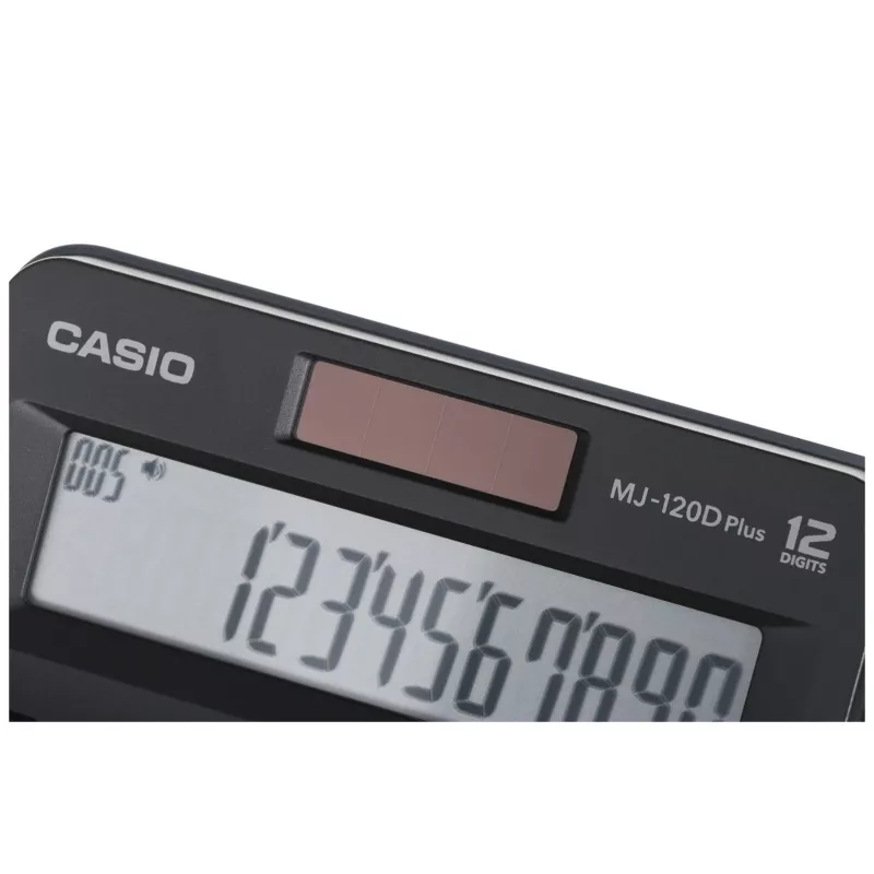 Stalinis skaičiuotuvas CASIO MJ-120D PLUS — pagrindinis 12 skaitmenų, baterija/saulės energija, 35 klavišai, mokesčių ir kvadratinė šaknis, juodas
