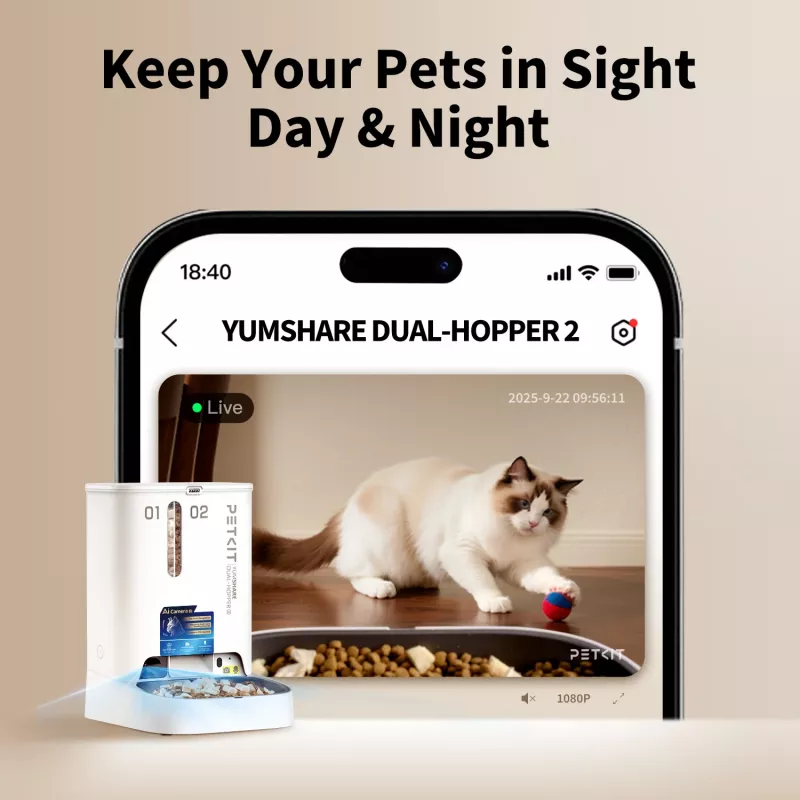 Automatinė gyvūnų šėrykla PETKIT YumShare Dual-hopper 2 su kamera, 5 L talpa, ABS ir 304 nerūdijantis plienas, balta