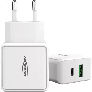 ANSMANN HC218PD - maitinimo blokas - 18 vatų - 3000 mA - PD, QC 3.0 - 2 išvesties prievadai (USB, USB-C) - balta (1001-0111)