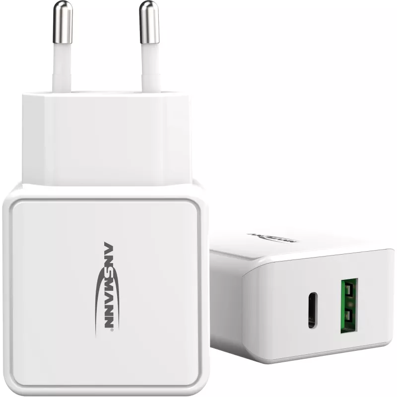 ANSMANN HC218PD - maitinimo blokas - 18 vatų - 3000 mA - PD, QC 3.0 - 2 išvesties prievadai (USB, USB-C) - balta (1001-0111)