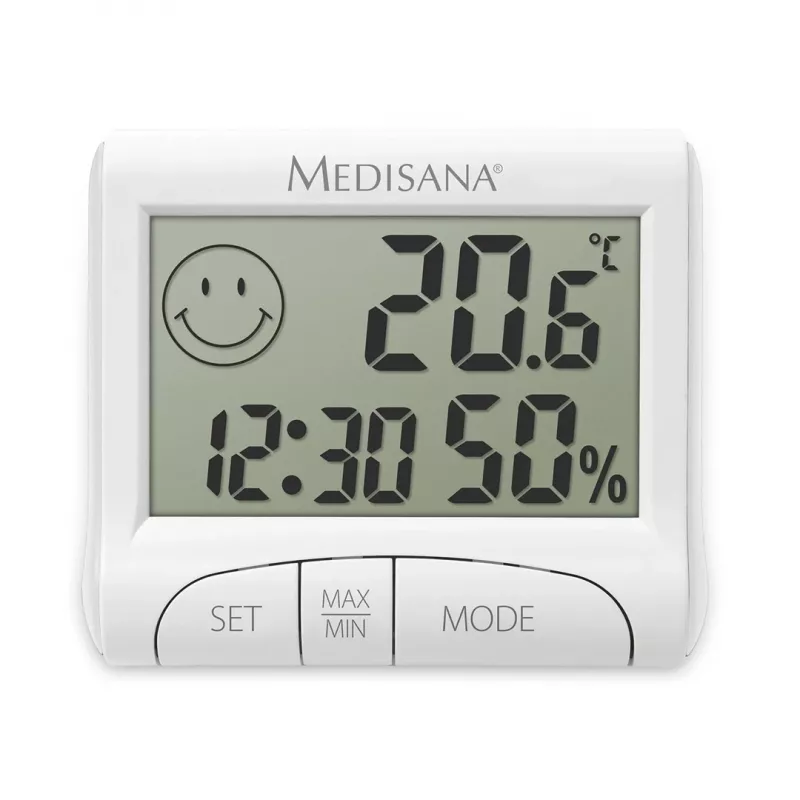 Elektroninis vidaus higrometras Medisana HG 100 — Skaitmeninis termometras, drėgmė 20–90%, temp. -10–50 °C, stalinis ekranas, baterija AAA