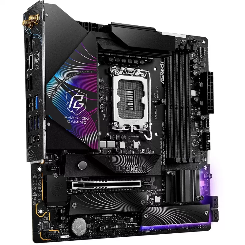 Pagrindinė plokštė ASRock Phantom Gaming Z890M Riptide WiFi — Intel Z890, LGA1851, microATX, DDR5, 4x DIMM, 256GB, Wi‑Fi 6E, 2.5Gb LAN