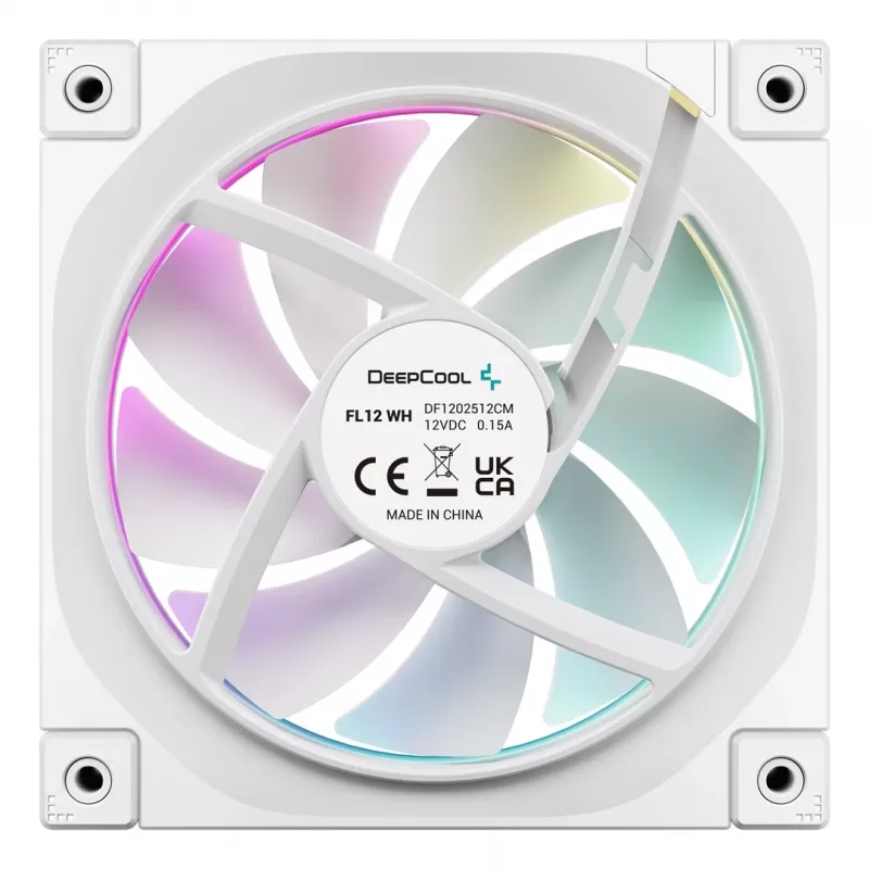 12 cm korpuso ventiliatorius DeepCool FL12 WH — 3 vnt. rinkinys, 120×120×25 mm, 2150 RPM, 55 CFM, Fluid Dynamic Bearing, PWM, multi-LED, 4-pin