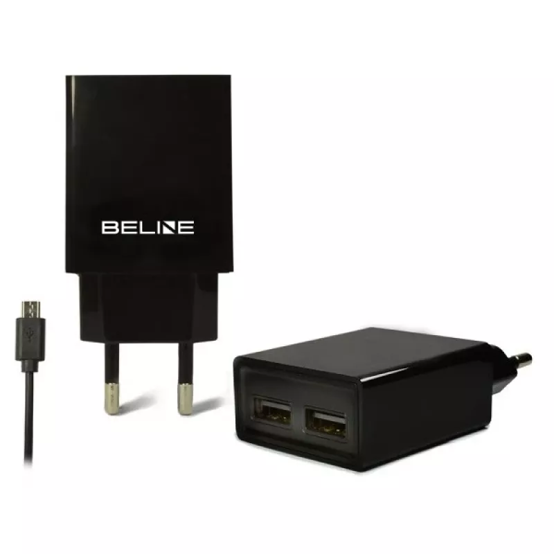 Kelioninis įkroviklis Beline Beli0011 — 2×USB prievadai, microUSB laidas, 2A išvestis, juodas