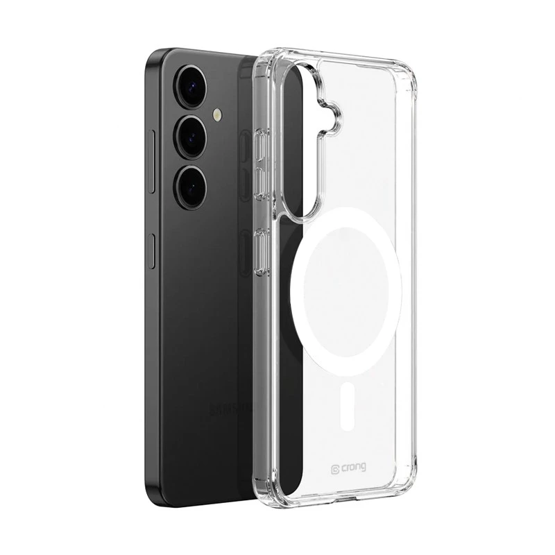 Crong permatomas MagSafe dėklas Samsung S25+ (modelis CRGCSHMSGS25PTRS) — permatomas apsauginis telefono dėklas
