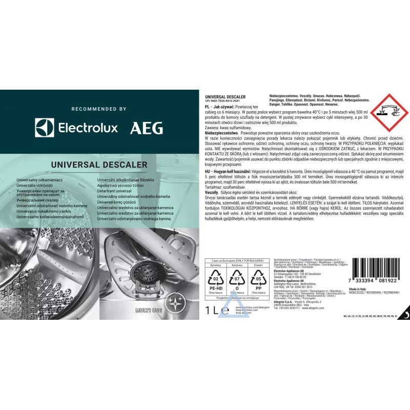 Kalkių šalinimo priemonė Electrolux M3KCD202 1 L – universalus skystas kalkių valiklis virduliams, kavos virimo aparatams, gariniams lygintuvams
