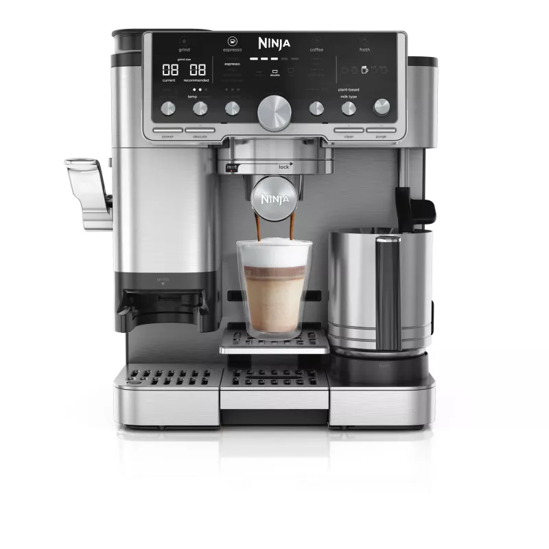 Espresso aparatas Ninja ES701EU — pusiau automatinis kavos/espresso aparatas su integruotu malūnėliu, 2 L vandens talpa, 1650 W, 25 malimo nustatymai, pieno talpa, 14 barų siurblys